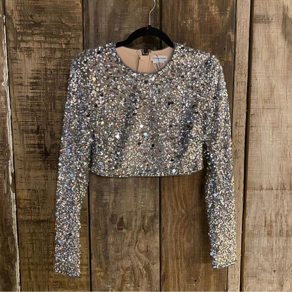 NWT Lovers and Friends CRYSTAL SEQUIN CROPPED TOP silver blouse Revolve S - Picture 11 of 11